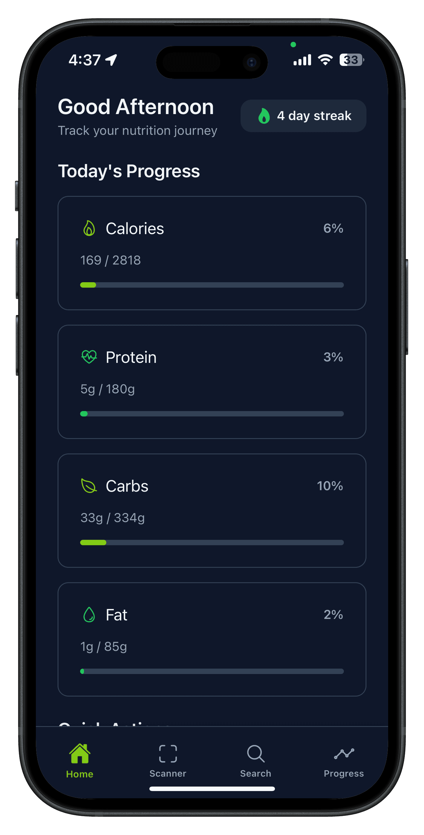 NutriChef home screen showing today's calories, protein, carbs, and fat progress with a 4-day streak