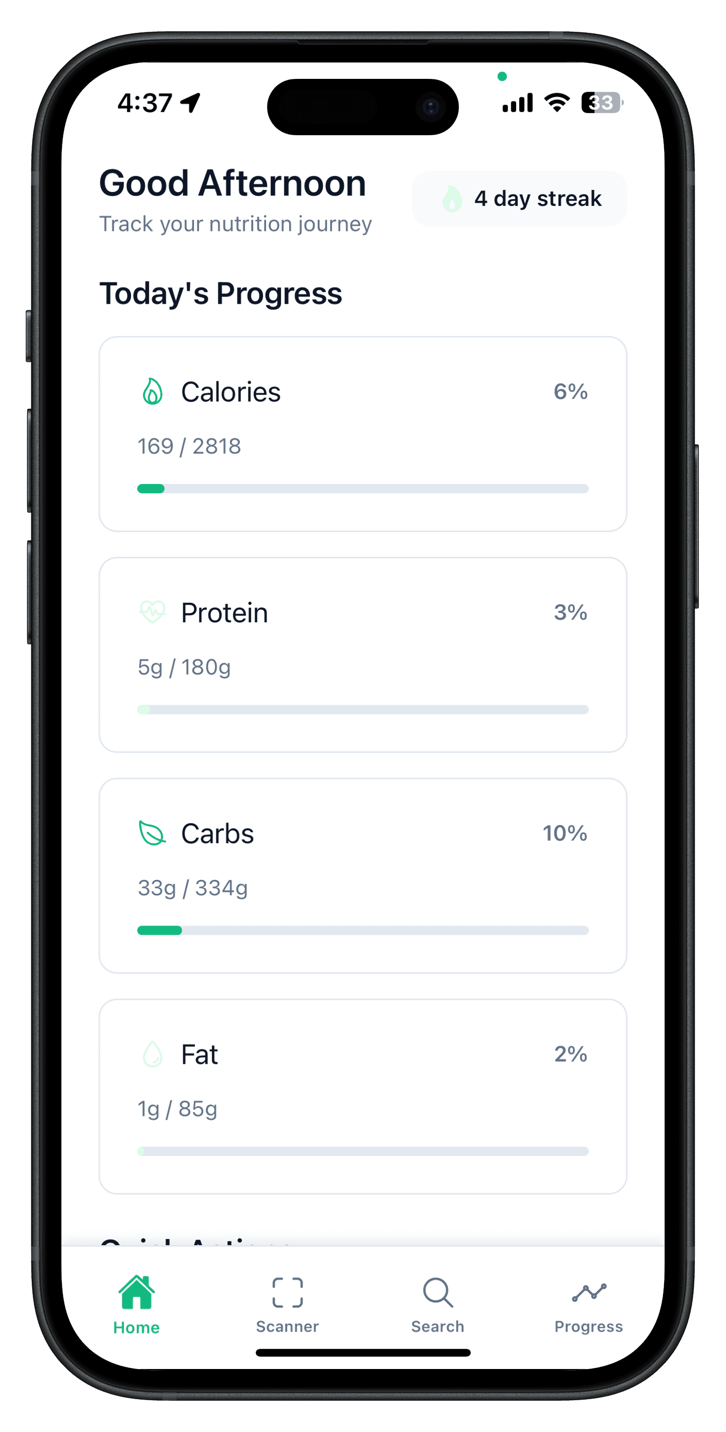 NutriChef home screen showing today's calories, protein, carbs, and fat progress with a 4-day streak