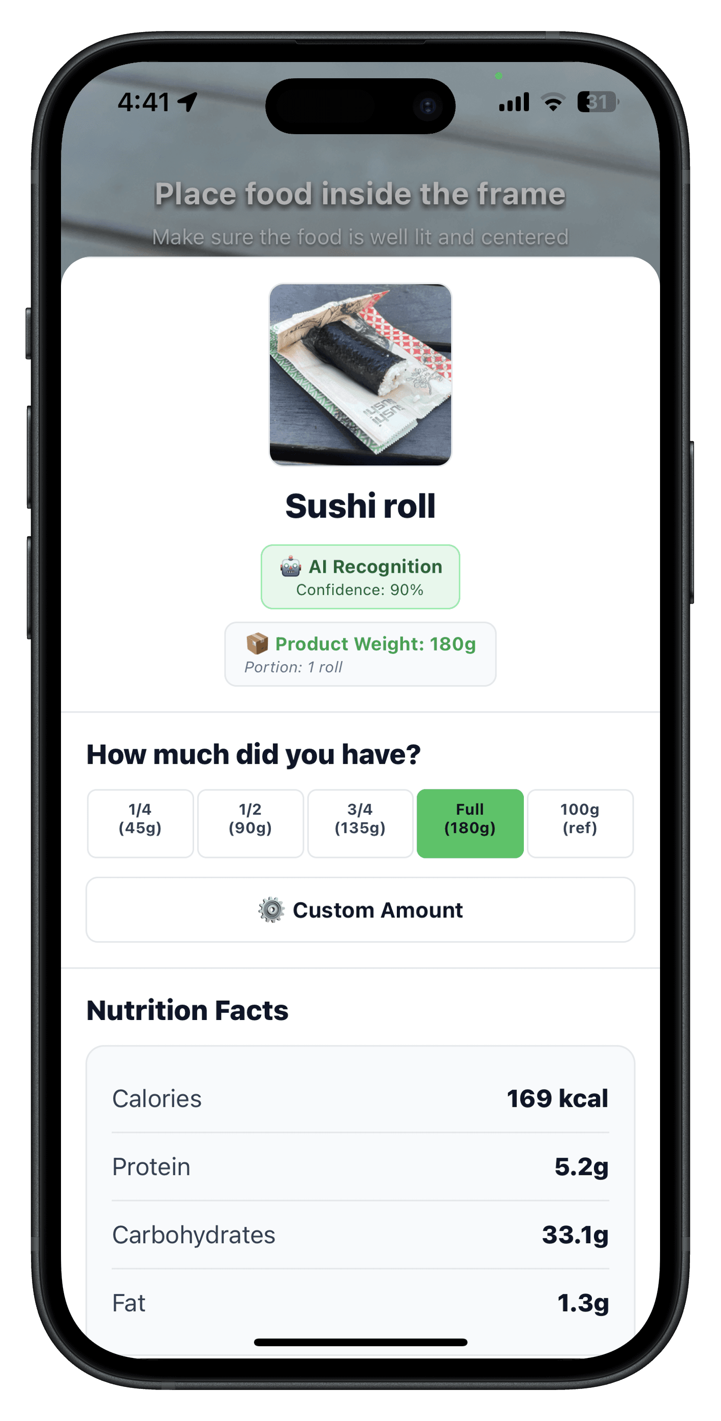 NutriChef results screen showing an identified dish with AI confidence, portion presets, and nutrition facts
