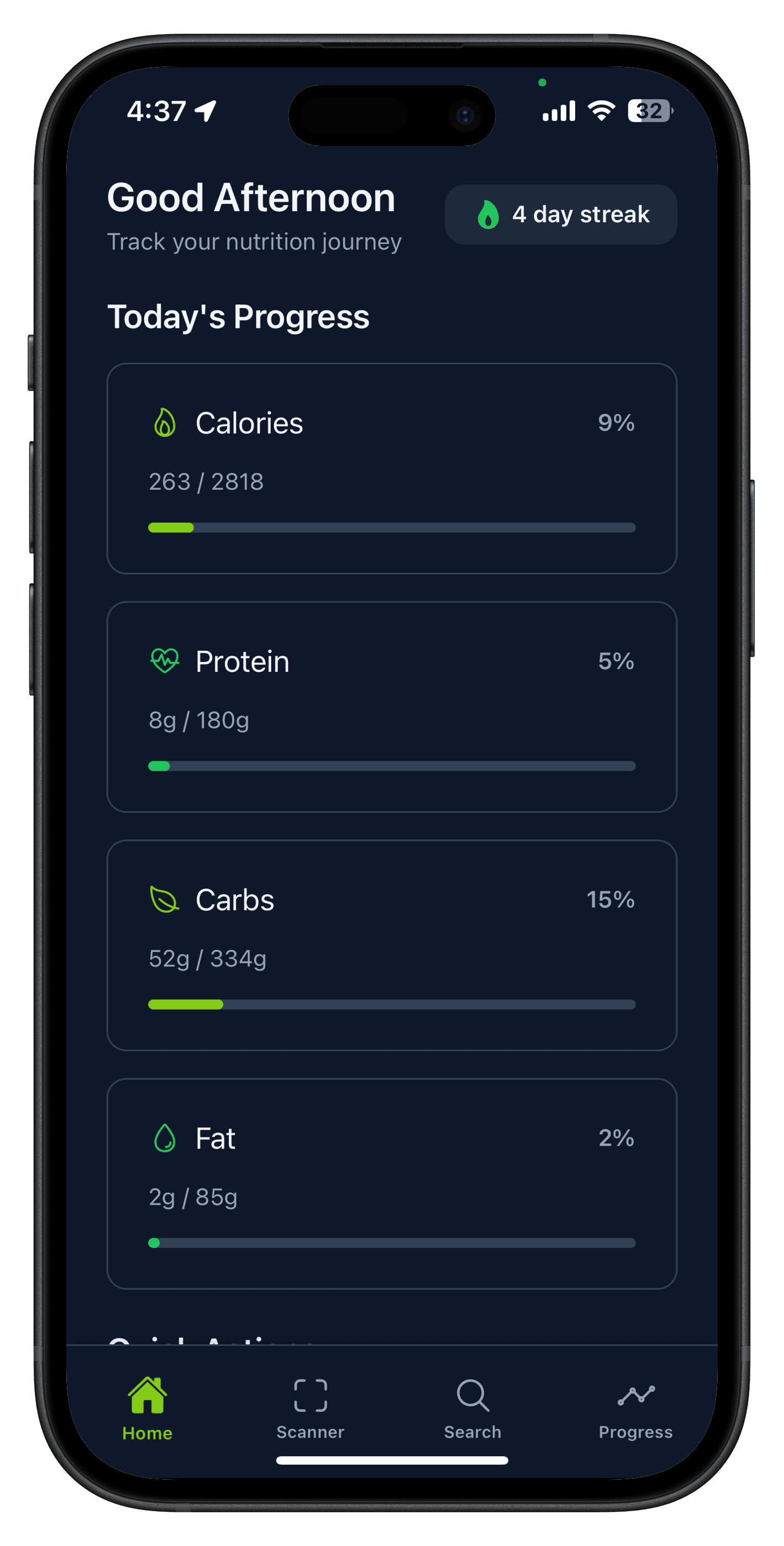 NutriChef home screen with updated daily progress bars after logging a meal